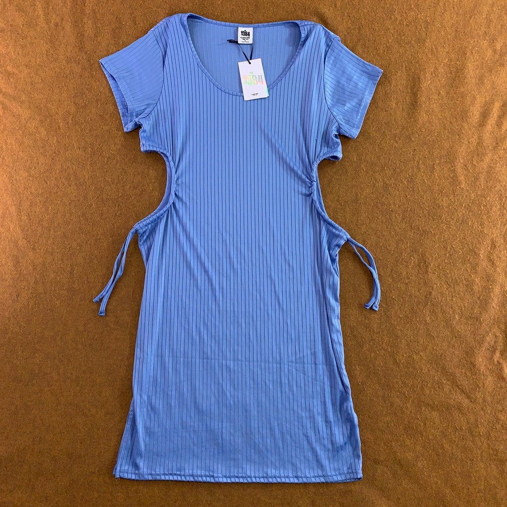 1384 Womens 1X Blue Ribbed Cut-Out Drawstring Mini Dress NWT